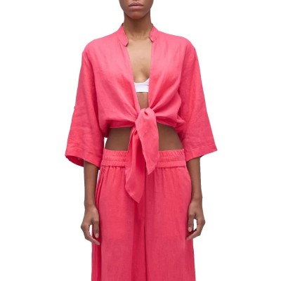 дамски,блузи,sundek,cropped,linen,short,sleeve,blouse,pink,(pitaya)