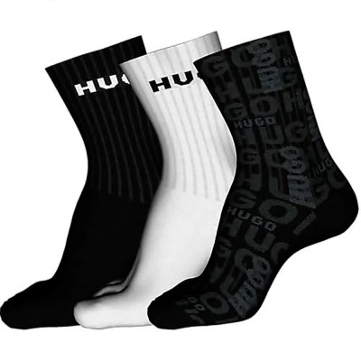 чорапи,мъжки,чорапи,hugo,logo,piquet,10276033,crew,socks,3,pairs,white,black,(black)