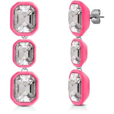 бижутерия,ops,objects,wonder,3,stones,square,earrings,fuchsia