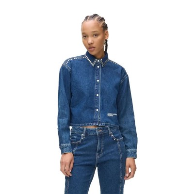 риза,с,дълъг,ръкав,дамски,ризи,karl,lagerfeld,a4w11002,denim,studded,long,sleeve,shirt,blue,(dark,blue)