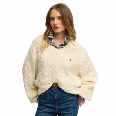 блуза,дамски,пуловери,дамски,плетени,дрехи,superdry,oversized,cable,v,neck,sweater,yellow,(natural,white)