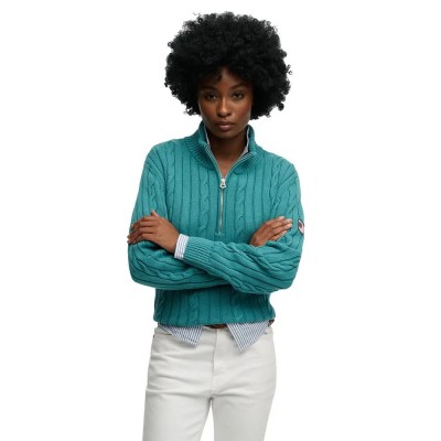 блуза,дамски,пуловери,дамски,плетени,дрехи,superdry,slouchy,cable,half,zip,sweater,green,(teal)