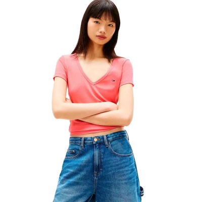 тениска,мъжки,тениски,дамски,тениски,tommy,jeans,dw0dw17385,short,sleeve,v,neck,t,shirt,red,(tropical,blush)