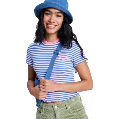 бебешка,фланелка,с,къс,ръкав,дамски,топове,roxy,bright,lights,baby,short,sleeve,top,blue,(coconut,milk,stripy,soul,mini)