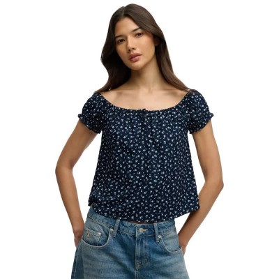 фланелка,с,къс,ръкав,дамски,топове,superdry,1,2,button,woven,short,sleeve,top,blue,(navy,off,white,ditsy,floral)