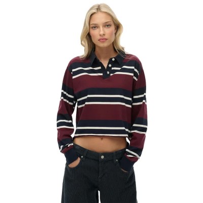 блуза,с,яка,дамски,блузи,с,яка,superdry,athletic,essential,cropped,stripe,rugby,long,sleeve,polo,red,(port,red,ecru,stripe)