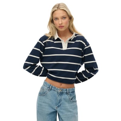 блуза,с,яка,дамски,блузи,с,яка,superdry,athletic,essential,cropped,stripe,rugby,long,sleeve,polo,blue,(richest,navy,ecru,stripe)