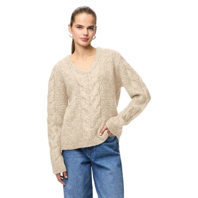 блуза,мъжки,пуловери,дамски,пуловери,pieces,nina,knit,v,neck,sweater,beige,(birch)