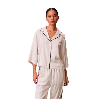 тениска,дамски,пижами,calvin,klein,lv00qs7657,short,sleeve,pyjama,t,shirt,white,(dotted,logo,pinstripe,ivory)