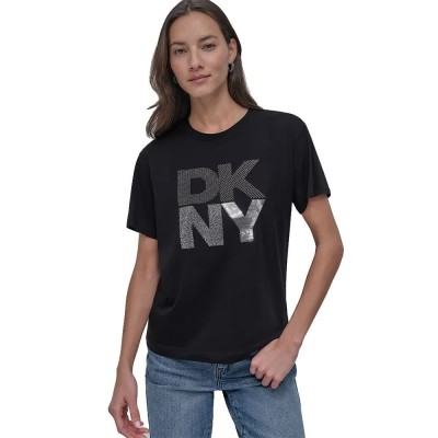 фланелка,с,къс,ръкав,дамски,топове,dkny,stacked,new,york,mix,short,sleeve,top,black,(black,silver)