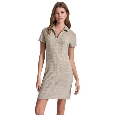 рокля,дамски,поли,и,рокли,dkny,logo,jacquard,split,neck,polo,dress,beige,(pebble)