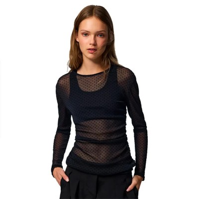 тениска,мъжки,тениски,дамски,тениски,pieces,bobo,mesh,rouching,long,sleeve,t,shirt,black,(black,tiny,black,dots)