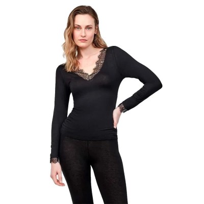 тениска,мъжки,тениски,дамски,тениски,gisela,thermal,lace,long,sleeve,v,neck,t,shirt,black,(black)