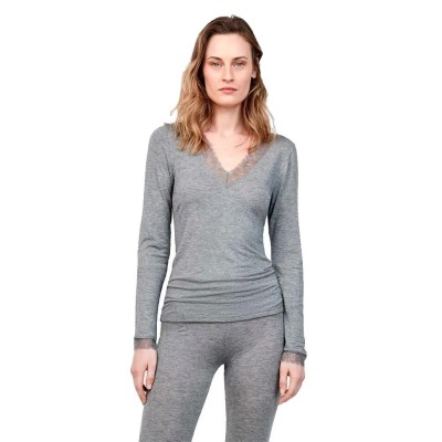 тениска,мъжки,тениски,дамски,тениски,gisela,thermal,lace,long,sleeve,v,neck,t,shirt,grey,(grey)
