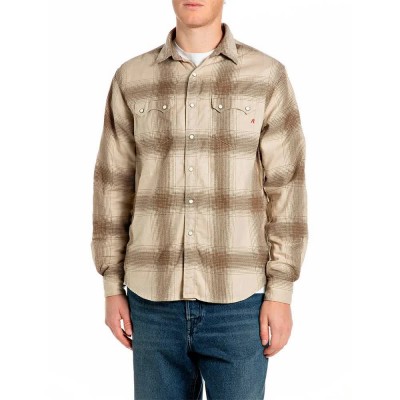 карирана,риза,дамски,ризи,мъжки,ризи,replay,m107f.000.723szw,long,sleeve,shirt,beige,(brown,cream,macro,check)