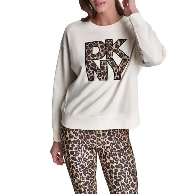 блуза,дамски,блузи,dkny,stacked,leopard,logo,sweatshirt,white,(eggnog,leopard,caramel)