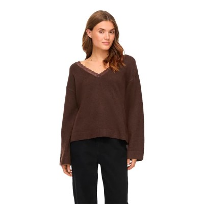 блуза,мъжки,пуловери,дамски,пуловери,vila,liga,v,neck,sweater,brown,(coffee,bean,detail,lace,tone,in,tone)