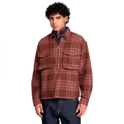 карирана,риза,дамски,ризи,мъжки,ризи,timberland,flannel,house,check,1,4,zip,overshirt,long,sleeve,shirt,brown,orange,(chicory,coffee,yd)