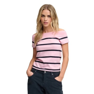 фланелка,с,къс,ръкав,дамски,топове,superdry,athletic,off,shoulder,pattern,short,sleeve,top,pink,(pink,navy,stripe)