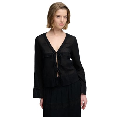 фланелка,с,дълъг,ръкав,дамски,топове,superdry,lace,tie,front,long,sleeve,top,black,(black)