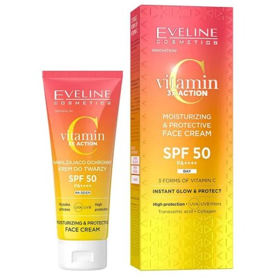 козметика,за,защита,от,слънце,eveline,vitamin,c,3x,action,moisturizing,&,protective,spf50,30ml,facial,sunscreen,yellow