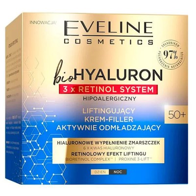 специфични,козметични,продукти,eveline,bio,hyaluron,3xretinol,system,rejuvenating,lifting,day&night,50+,50ml,facial,cream,clear