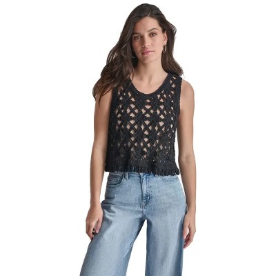 блуза,мъжки,пуловери,дамски,пуловери,dkny,crochet,scoop,sweater,black,(black)