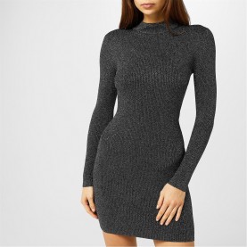 Рокля MICHAEL MICHAEL KORS Mockneck Mini Dress - BLACK/SILVER рокля,дамски,поли,и,рокли,michael,michael,kors,mockneck,mini,dress,black,silver