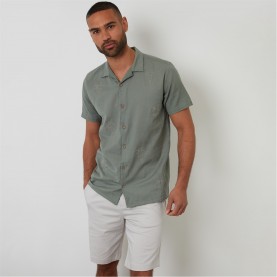 риза,с,къс,ръкав,threadbare,linen,blend,palm,embroidered,short,sleeve,shirt,pale,green