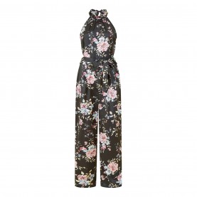 дамски,летни,гащеризони,yumi,yumi,black,floral,satin,halter,neck,jumpsuit,black