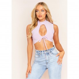 къса,блуза,дамски,топове,missy,empire,hole,lace,up,high,neck,crop,top,lilac