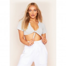 къса,блуза,дамски,топове,missy,empire,jersey,tie,front,crop,top,grey
