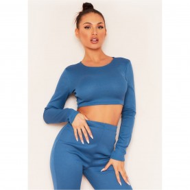 къса,блуза,дамски,топове,missy,empire,sleeve,thick,bandage,rib,crop,top,teal