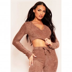 къса,блуза,дамски,топове,missy,empire,towelling,plunge,neck,long,sleeve,crop,top,mocha