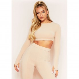 къса,блуза,дамски,топове,missy,empire,crew,neck,long,sleeve,crop,top,nude