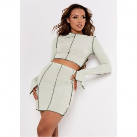 къса,блуза,дамски,топове,missy,empire,stitch,slit,sleeve,ribbed,crop,top,sage