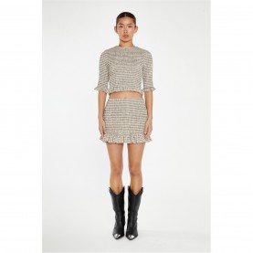 glamorous,beige,black,check,shirred,mini,skirt,beige