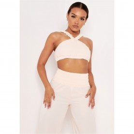 къса,блуза,дамски,топове,missy,empire,strap,pleat,detail,crop,top,cream