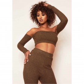 къса,блуза,дамски,топове,missy,empire,rib,bardot,long,sleeve,crop,top,chocolate