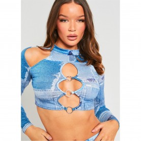 къса,блуза,дамски,топове,missy,empire,cut,out,o,ring,long,sleeve,crop,top,denim