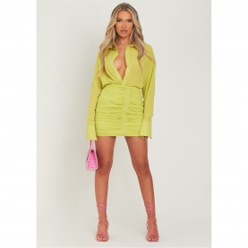 пола,дамски,поли,и,рокли,missy,empire,sleeve,plunge,front,ruched,skirt,mini,dress,lime