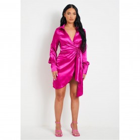 рокля,missy,empire,tie,waist,wrap,plunge,mini,dress,pink