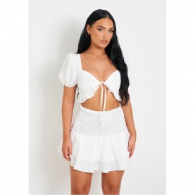 къса,блуза,дамски,топове,missy,empire,shirred,back,tie,front,crop,top,white