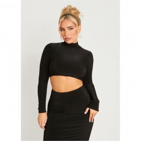 къса,блуза,дамски,топове,missy,empire,neck,long,sleeve,crop,top,black