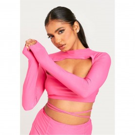 къса,блуза,дамски,топове,missy,empire,out,lace,up,long,sleeve,crop,top,pink