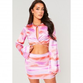 Къса блуза Missy Empire Abstract Print Tie Front Satin Crop Top - Lilac къса,блуза,missy,empire,abstract,print,tie,front,satin,crop,top,lilac