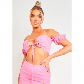 къса,блуза,дамски,топове,missy,empire,tie,front,halter,neck,crop,top,pink