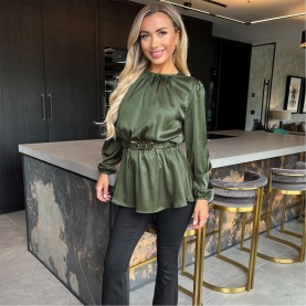 Фланелка с дълъг ръкав AX Paris Long Sleeve Gold Detail Belt Top - Olive фланелка,с,дълъг,ръкав,дамски,топове,ax,paris,long,sleeve,gold,detail,belt,top,olive