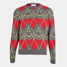 Пуловер MOSCHINO Men's Smile Soft Knit Crew Neck Jumper - Grey Red пуловер,мъжки,пуловери,moschino,men's,smile,soft,knit,crew,neck,jumper,grey,red
