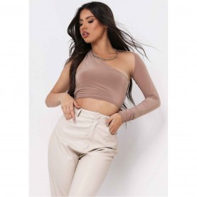 къса,блуза,дамски,топове,missy,empire,shoulder,long,sleeve,crop,top,taupe